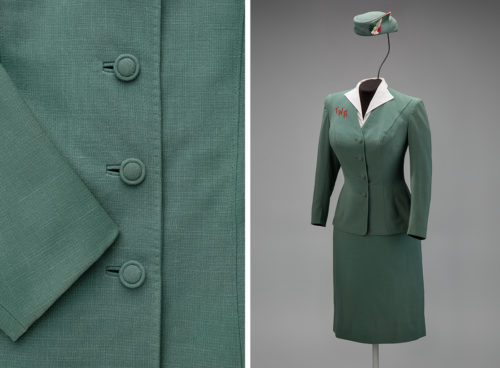 Trans World Airlines hostess uniform by Oleg Cassini  1955 Briny Marlin Coat & Suit Company Hat by Mae Hanauer SFO Museum