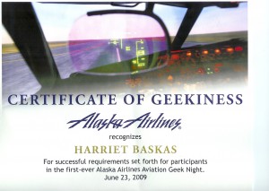 Alaska Airlines certificate of geekiness