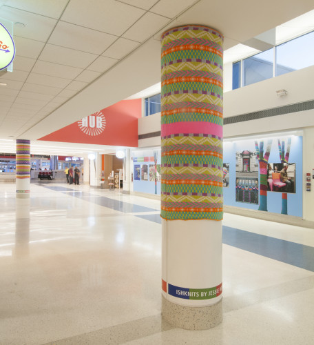 PHL Ishknits by Jessie Hemmons, Interventions with Yarn, columns with yarn, Terminal F, ticketed passengers, PHL