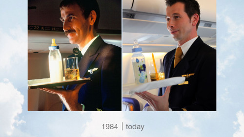 Lufthansa then and now flight attendant with drinks
