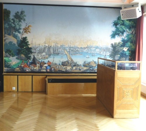 PAN AM LOUNGE -Another original feature - a mural depicting the  Boston Tea Party is behind the dance floor.