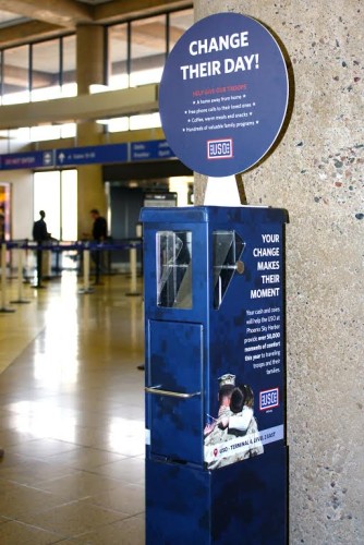 Travelers can support the USO at PHX airport by donated spare change. Courtesy Phoenix Sky Harbor International Airport