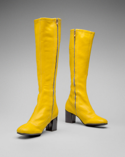 Hughes Airwest air hostess boots  1970 Designed by Mario Zamparelli, Los Angeles Manufactured by Portrait Clothes, a Division of Barco California plastic, leather. Courtesy SFO Museum 
