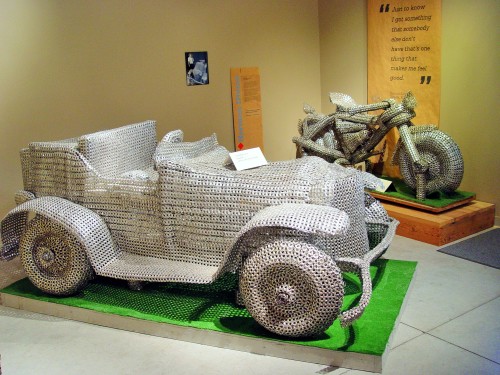 Courtesy Grassroots Arts Center, Lucas, Kanas_Car and motorcycle made of pop-can pulltabs by Herman Divers