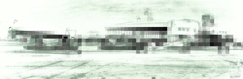 Copperclad Airways – 1935, North Terminal hangar and tower with Copperclad Airways planes.
