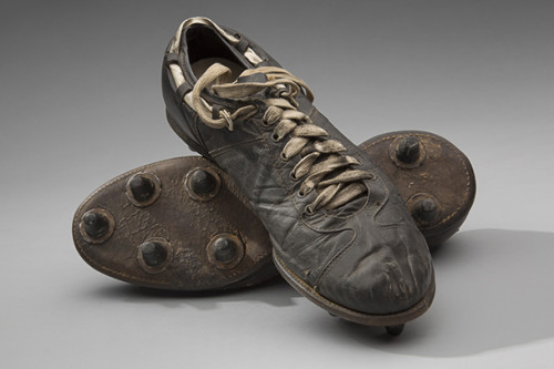 Cleats worn by Sam Huff (New York Giants linebacker, 1956–63) during his rookie season 1956 Pro Football Hall of Fame, Class of 1982 Courtesy of the Pro Football Hall of Fame Collection & SFO Museum
