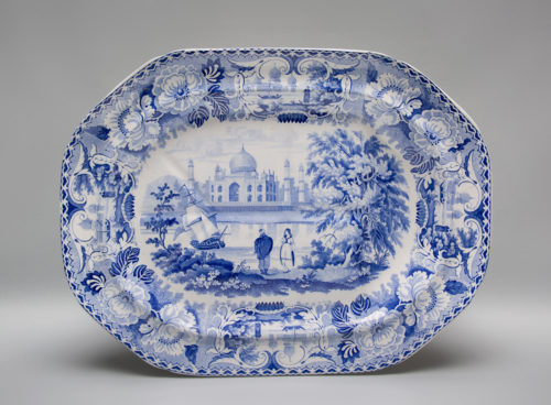 Platter, Tomb of the Emperor Shah Jehan (Taj Mahal) pattern c. 1824–30s Oriental Scenery Cartouche series maker unknown possibly Staffordshire, England earthenware, blue underglaze Collection of Michael Sack . Courtesy SFO