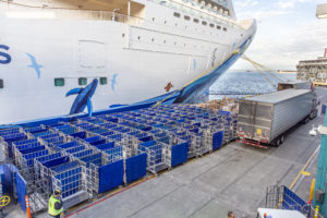 The Norwegian Bliss loading provisions, luggage, and disembarking passengers, at Bell Street Pier Cruise Terminal at P-66, 29 September 2018.