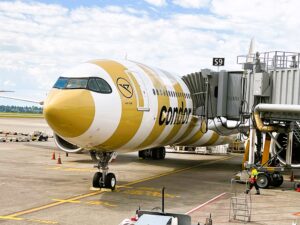 Snaps from a striped Condor Airlines flight