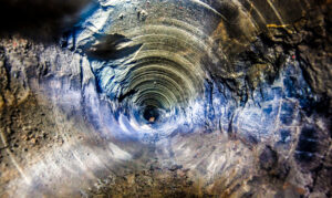 Geologists drill holes like this one to extract core samples of rock. This hole, about five inches in diameter, was drilled on the 4,850-foot level of the Sanford Underground Research Facility.