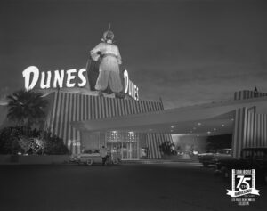 Exterior of the Dunes Hotel and Casino at night in Las Vegas, Nevada, June 5, 1958. Credit: Las Vegas News Bureau.
