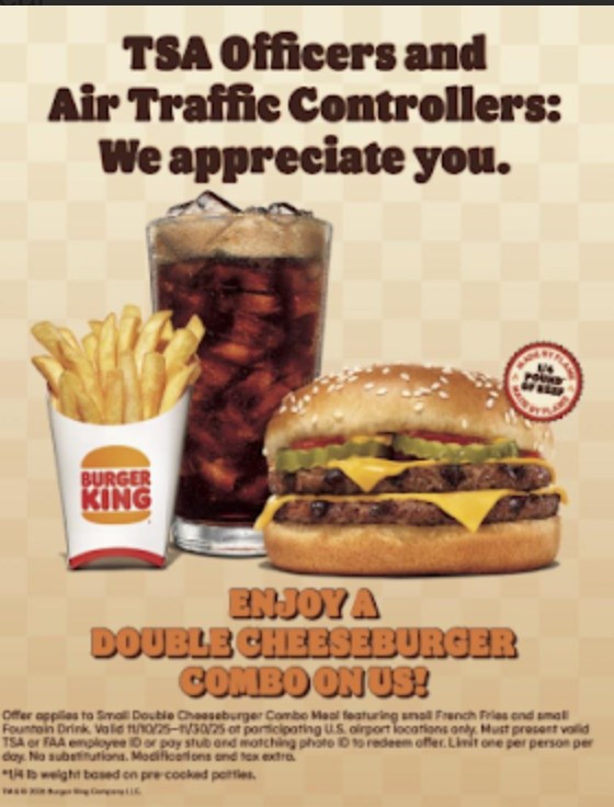 Airports, Burger King supporting federal airport workers on duty without pay