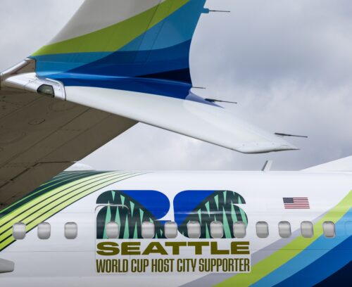 June 10, 2026; Greensboro, N.C., Alaska Airlines debuts Seattle World Cup host city livery in partnership with SeattleFWC26 for World Cup 2026. credit: Joe Nicholson/Alaska Airlines